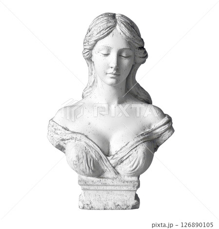 Plaster bust of a young woman with closed eyes and long hair, draped in a dress, exuding a serene, classic beauty. 126890105