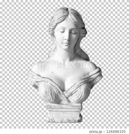 Plaster bust of a young woman with closed eyes and long hair, draped in a dress, exuding a serene, classic beauty. 126890105