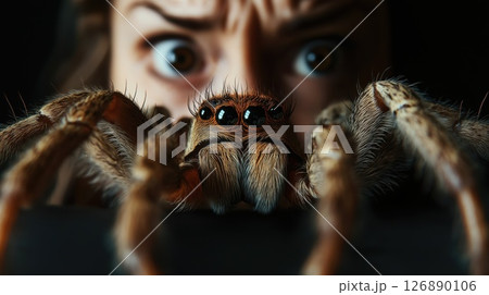 Woman experiencing arachnophobia, observing a large spider approaching her 126890106