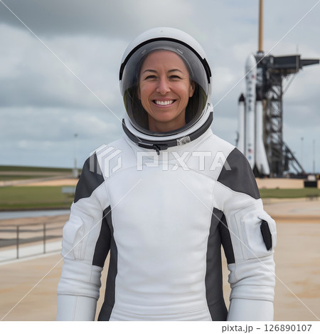 Female astronaut smiling wearing spacesuit with rocket in background at Kennedy Space Center 126890107