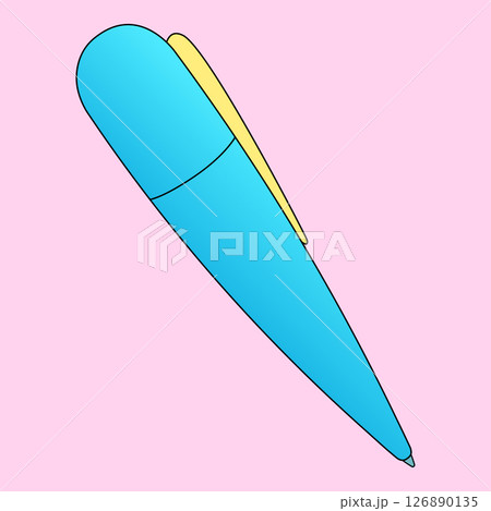 Blue ballpoint pen with yellow clip on pink background. Cartoon style school or office stationery illustration. For back to school concept, education visual, educational theme, and classroom decor. Blue ballpoint pen with yellow clip on pink background. Cartoon style school or office stationery illustration. For back to school concept, education visual, educational theme, and classroom decor. 126890135