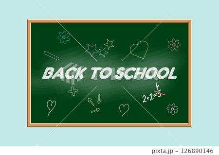 Back to school illustration with handwritten text and chalk doodles drawings on green chalkboard on a blue background. For education visual, educational concept, poster, banner, and classroom decor. 126890146