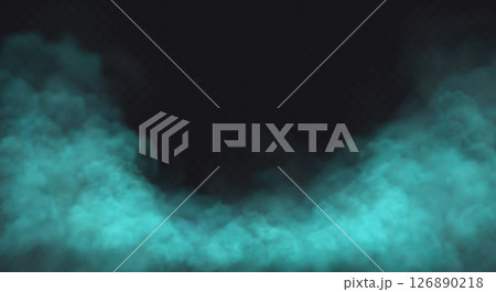 Blue smoke cloud on black transparent background. Fog vector effect. 126890218