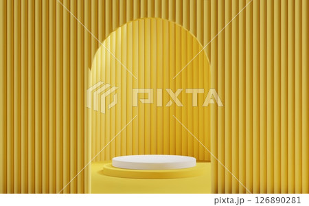 3d Yellow scene background with white podium and arch gate for product presentation. Abstract minimal mockup with cylinder platform and door. 126890281