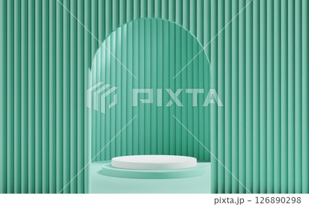 3d Green scene background with white podium and arch gate for product presentation. Abstract minimal mockup with cylinder platform and door. 126890298