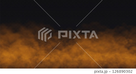 Orange Fog effect on transparent dark background. Vector Smoke cloud. 126890302