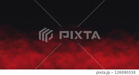 Red Fog effect on transparent dark background. Vector Smoke cloud. 126890338