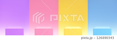 Minimalistic cube podium in purple, pink, blue and yellow abstract room. Minimalistic cube podium in purple, pink, blue and yellow abstract room. 126890343