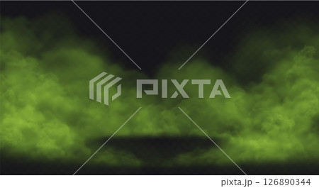 Green smoke effect on transparent dark background. Fog cloud above the floor surface with free spot. 126890344