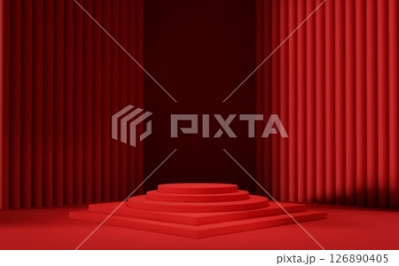 3d red room background with podium and column. Product display with platform. Abstract geometric light scene. 126890405