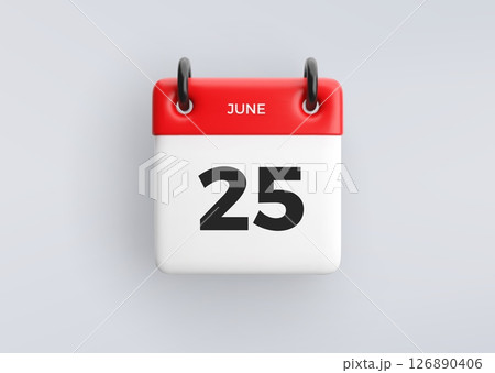 3D calendar icon with date 25 June on grey background. Vector schedule symbol. 126890406