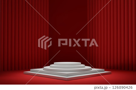 3d red room background with white podium and column. Product display with platform. Abstract geometric dark scene. 126890426