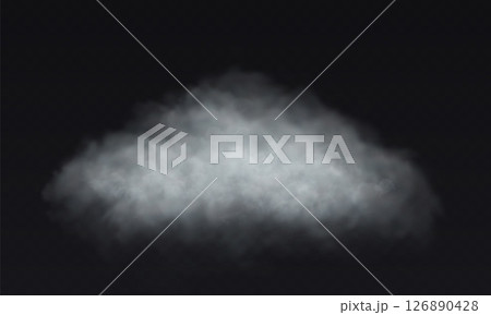 Vector white cloud. Fog smoke effect on transparent dark background. 126890428