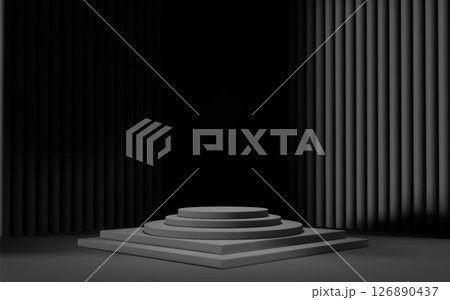 3d black room background with podium and column. Product display with platform. Abstract geometric light scene. 126890437