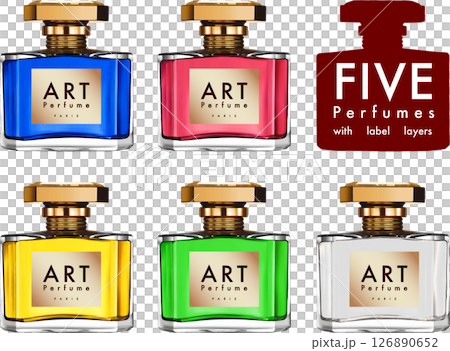 5-color perfume bottles with gold caps 126890652