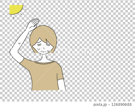 太陽が照ってる屋外で暑くて手を頭上にかざす女性のイラスト 太陽が照ってる屋外で暑くて手を頭上にかざす女性のイラスト 126890688