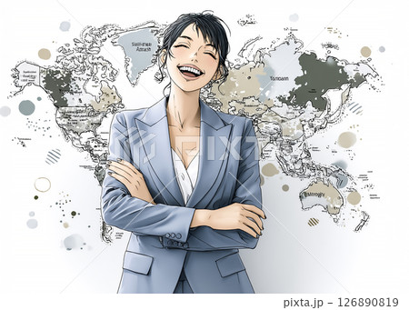 世界地図の前に立つ笑顔のビジネスウーマンのイラスト素材 126890819