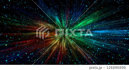 Colorful radial explosion of neon light beams from a central point Colorful radial explosion of neon light beams from a central point 126890898