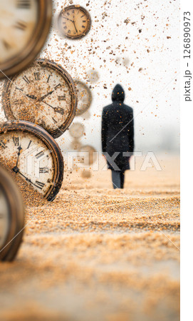 Clocks surrounded by sand depict the relentless passage of time, while a figure in a dark coat symbolizes the weight of burnout and pressure 126890973