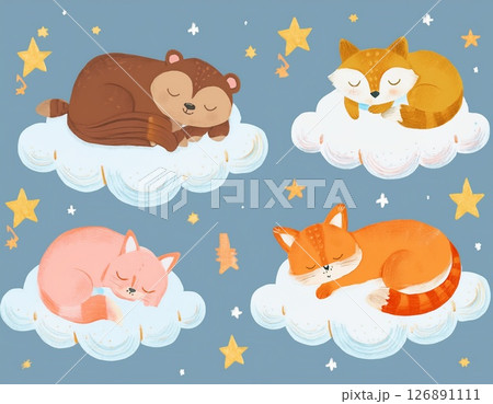 動物が気持ちよさそうに雲の上で寝ている 動物が気持ちよさそうに雲の上で寝ている 126891111