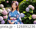 浴衣の女性　紫陽花の背景「AI生成画像」 126891236