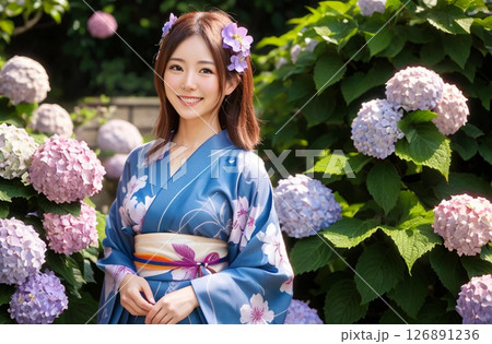 浴衣の女性　紫陽花の背景「AI生成画像」 126891236