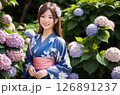 浴衣の女性　紫陽花の背景「AI生成画像」 126891237