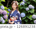 浴衣の女性　紫陽花の背景「AI生成画像」 126891238