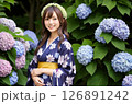 浴衣の女性　紫陽花の背景「AI生成画像」 126891242