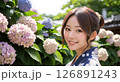 浴衣の女性　紫陽花の背景「AI生成画像」 126891243