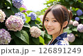 浴衣の女性　紫陽花の背景「AI生成画像」 126891249