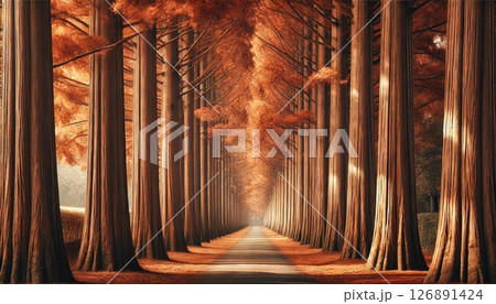 紅葉の並木道に続く光のトンネル2 紅葉の並木道に続く光のトンネル2 126891424
