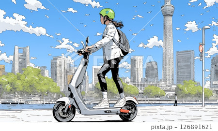 特定小型原付で都会を移動するビジネスパーソン