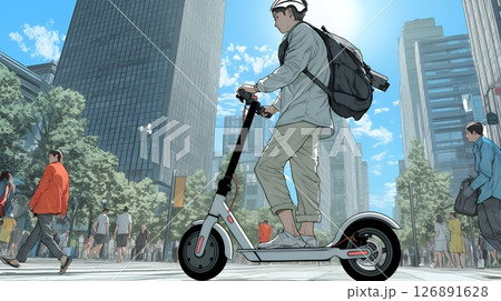 特定小型原付で都会を移動するビジネスパーソン