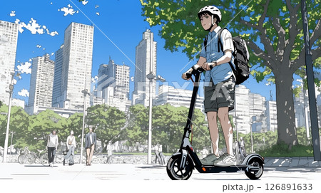 特定小型原付で都会を移動するビジネスパーソン