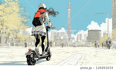 特定小型原付で都会を移動するビジネスパーソン
