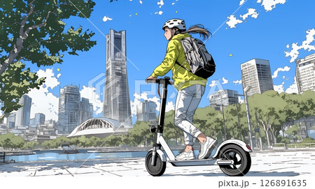 特定小型原付で都会を移動するビジネスパーソン