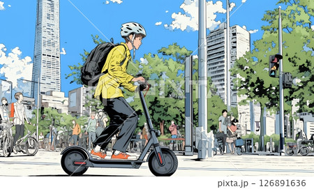 特定小型原付で都会を移動するビジネスパーソン