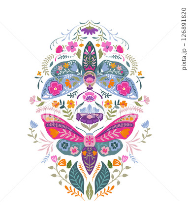 Vector beautiful composition with ornate insects, beetles, butterflies. Folk art floral poster. 126891820
