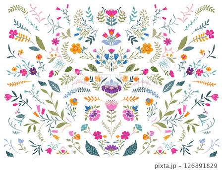 Vector collection of colorful beautiful flowers, plants. Folk art floral set. 126891829