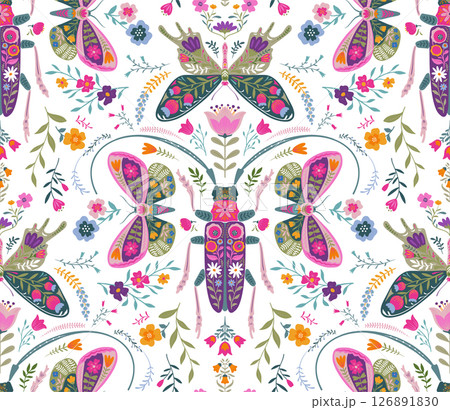 Vector seamless pattern with ornate insects, beetles, butterflies. Folk art floral natural endless background. 126891830