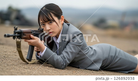 銃を構えるスーツ姿の女性 126892038