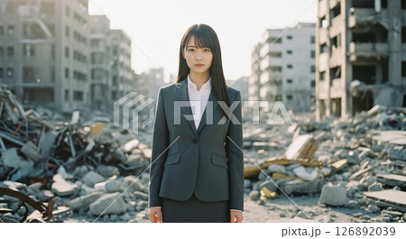 戦場に立ち尽くす女性 126892039