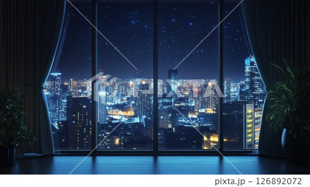 Large window with white bars overlooking night city Large window with white bars overlooking night city 126892072