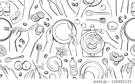 Cooking Hands Line Seamless Pattern. Vector Background Cooking Hands Line Seamless Pattern. Vector Background 126892131