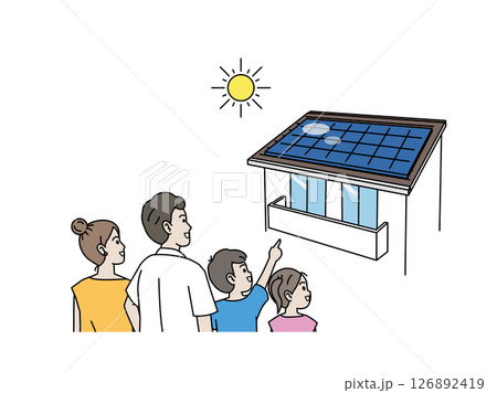 太陽光発電、ソーラーパネルを家に取り付ける家族のイラスト 126892419
