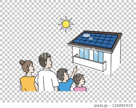 太陽光発電、ソーラーパネルを家に取り付ける家族のイラスト 126892419