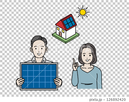Illustration of a middle-aged couple installing solar panels on their home 126892420