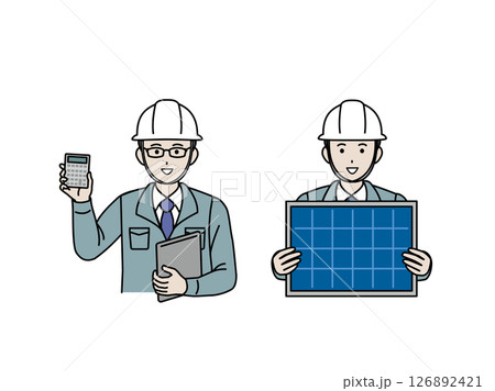 太陽光発電、ソーラーパネルについて見積と説明をする電気工事士のイラスト 太陽光発電、ソーラーパネルについて見積と説明をする電気工事士のイラスト 126892421