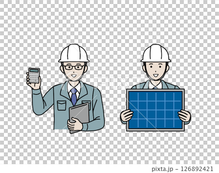 Illustration of an electrician giving an estimate and explaining about solar power generation and solar panels 126892421